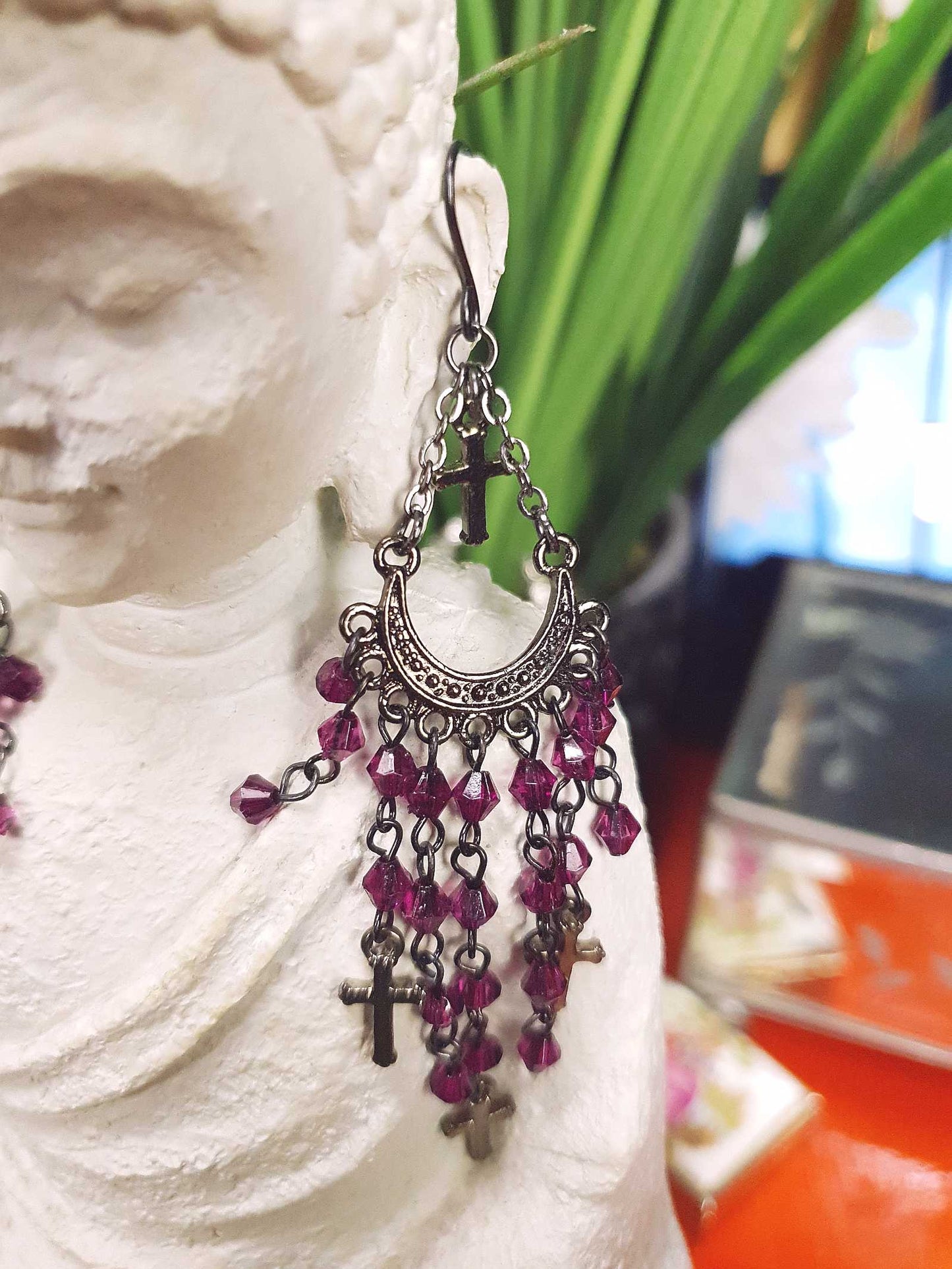 90s Vintage Purple Rhinestone Boho Dangle Earrings
