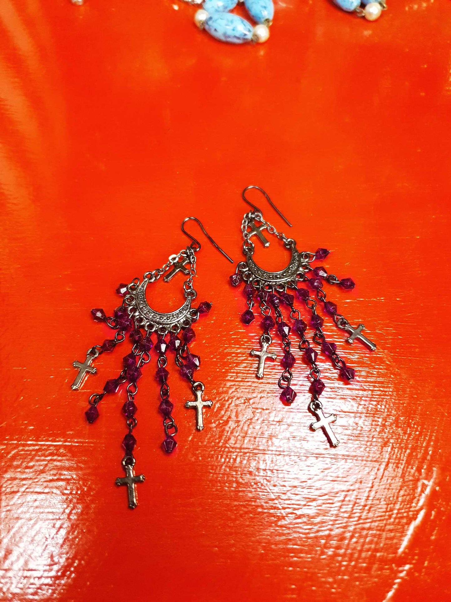 90s Vintage Purple Rhinestone Boho Dangle Earrings