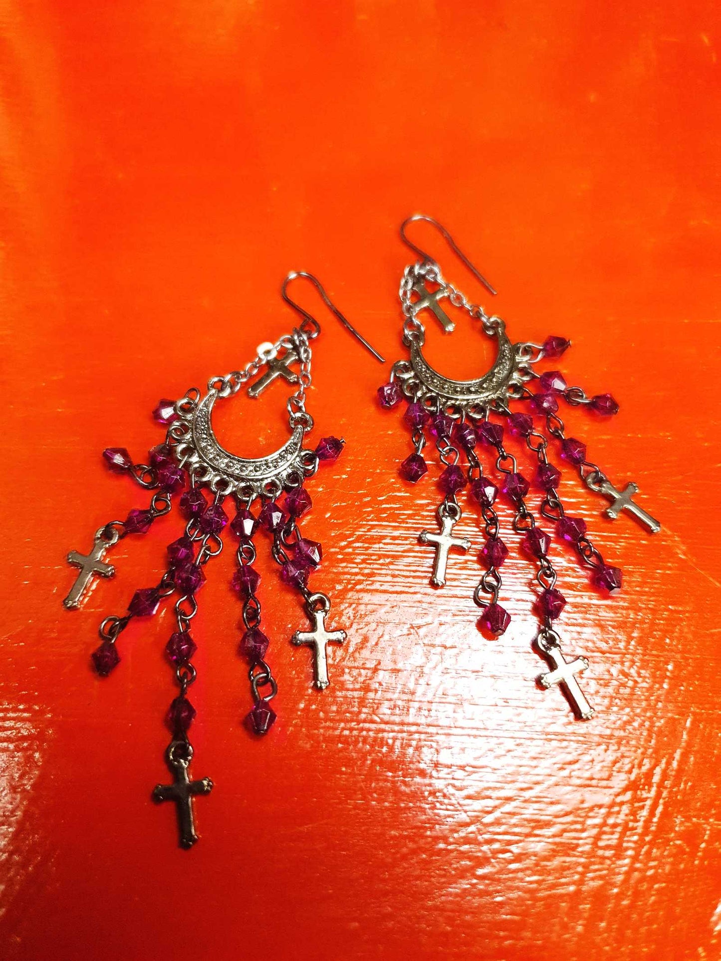 90s Vintage Purple Rhinestone Boho Dangle Earrings