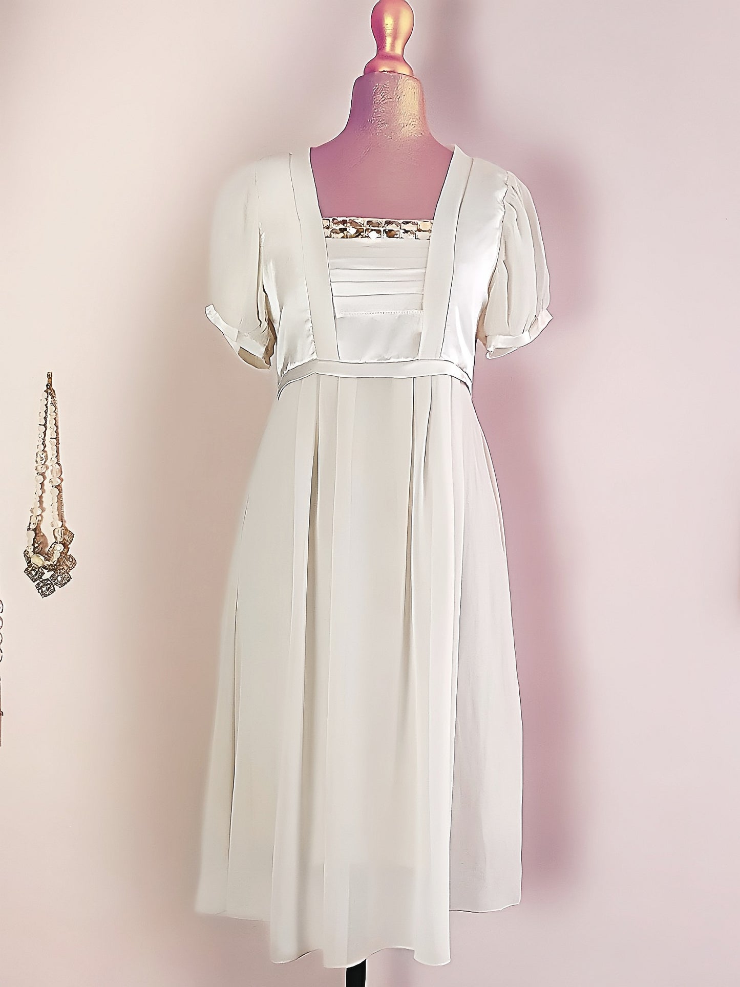 Vintage Cream Silk Satin & Chiffon Dress - Size 12
