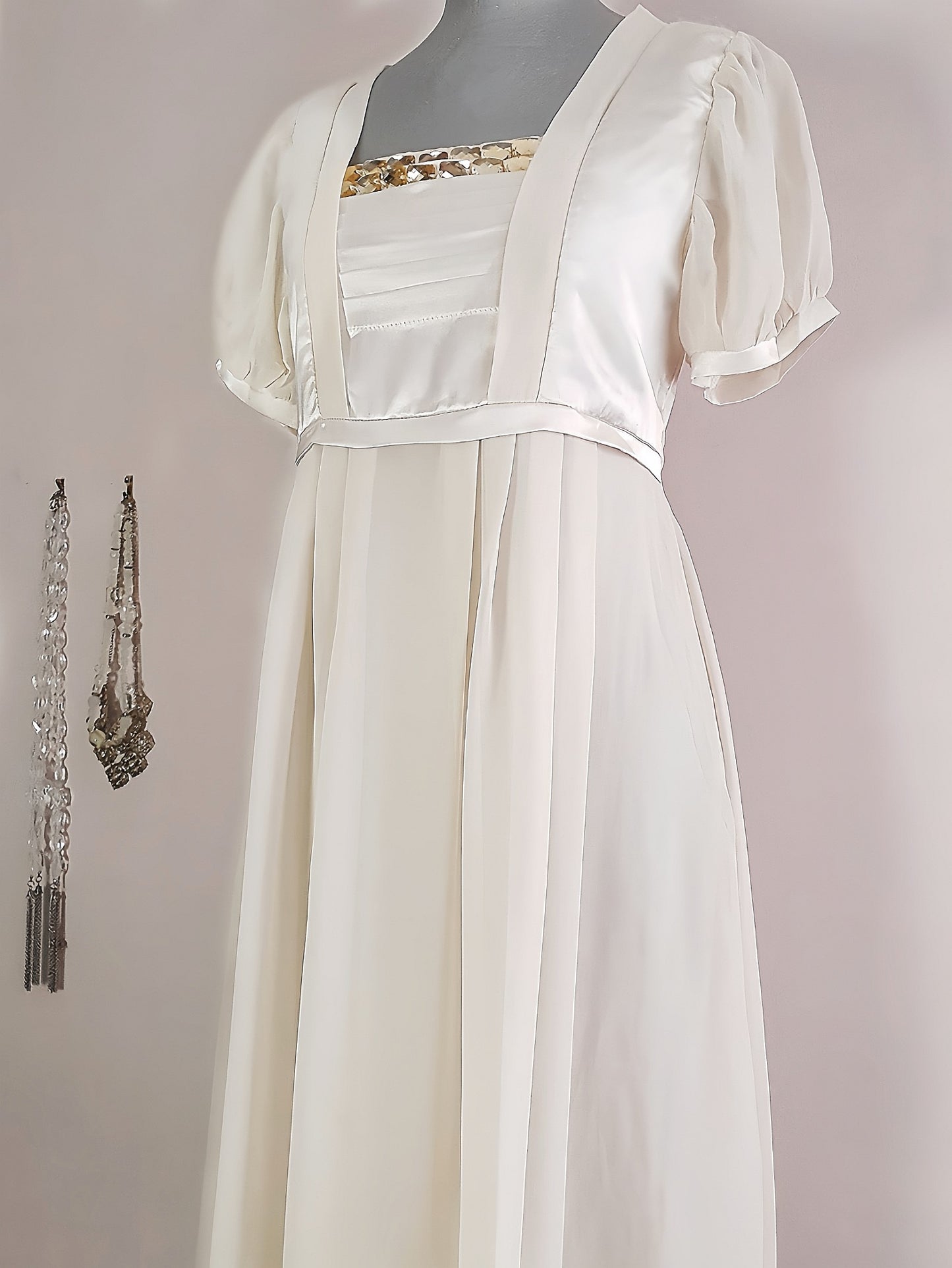 Vintage Cream Silk Satin & Chiffon Dress - Size 12