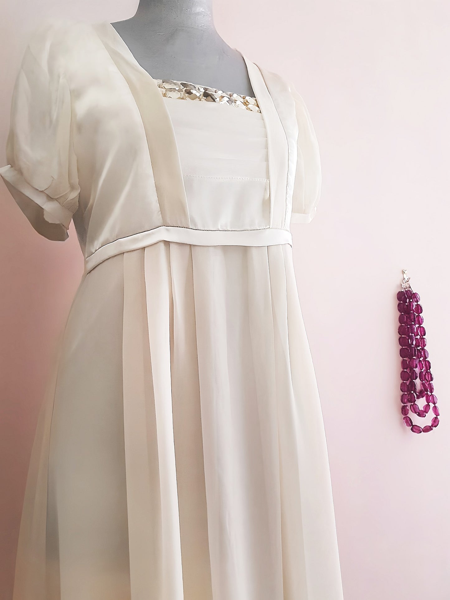 Vintage Cream Silk Satin & Chiffon Dress - Size 12
