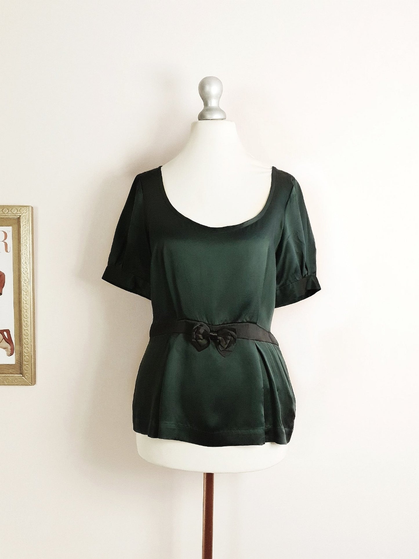 90s Vintage Dark Green Silk Blouse Top Bow Ladies Short Sleeves