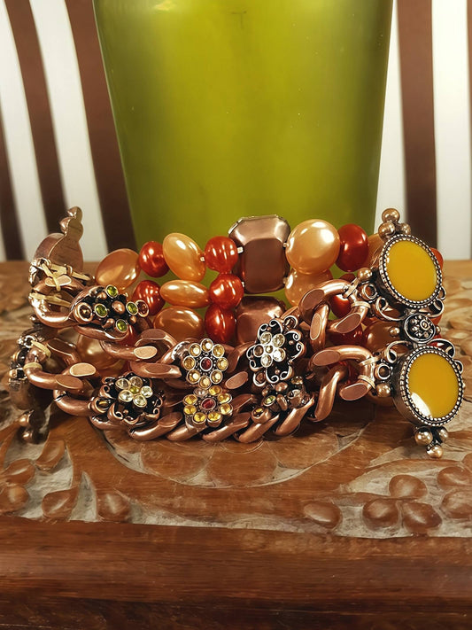 90s Vintage Rhinestone Pearl Copper Boho Bracelet Enamel Flower Bohemian