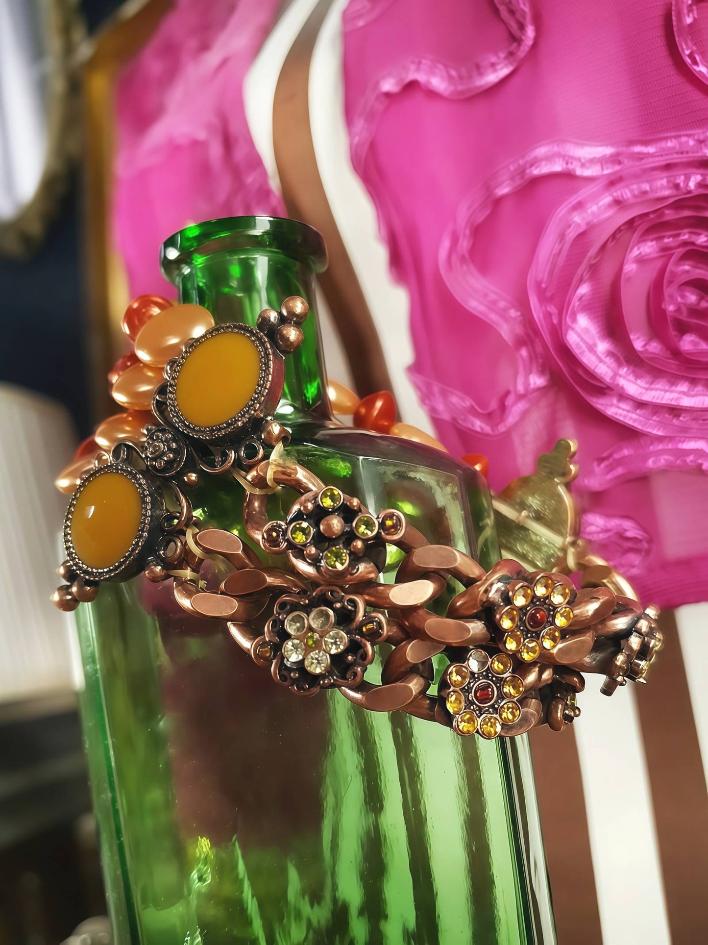 90s Vintage Rhinestone Pearl Copper Boho Bracelet Enamel Flower Bohemian