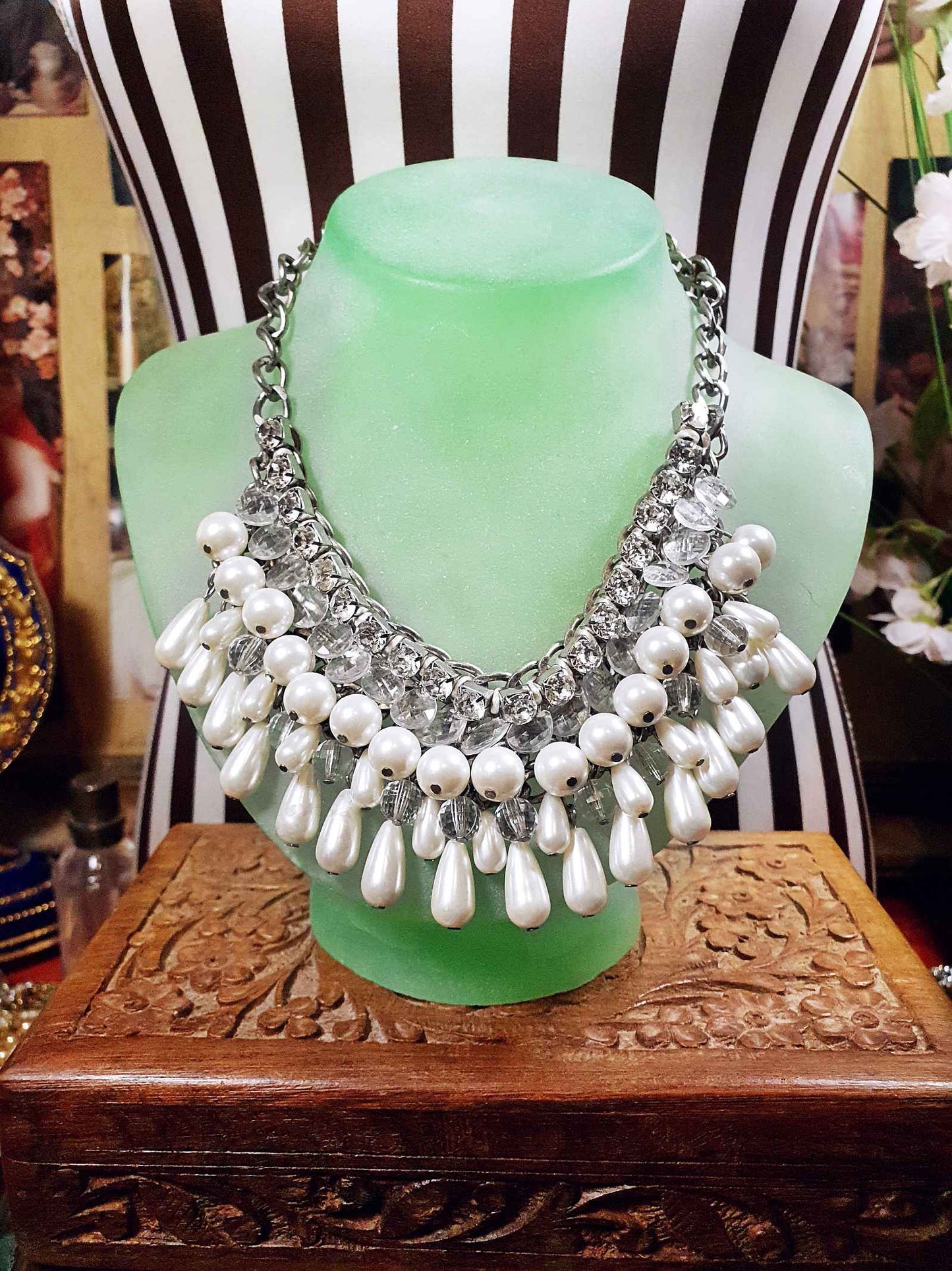 Vintage Rhinestone Glass Pearl Statement Necklace Bib Layered 5 Tiers 90s
