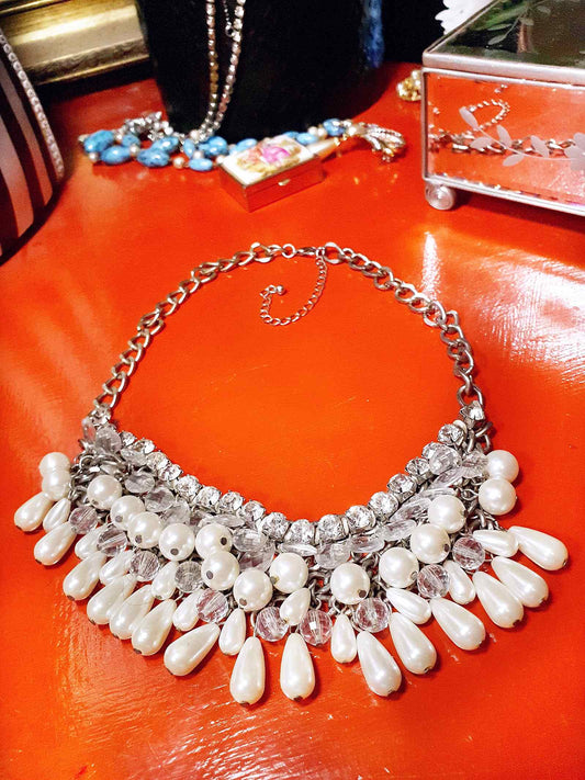 Vintage Rhinestone Glass Pearl Statement Necklace Bib Layered 5 Tiers 90s