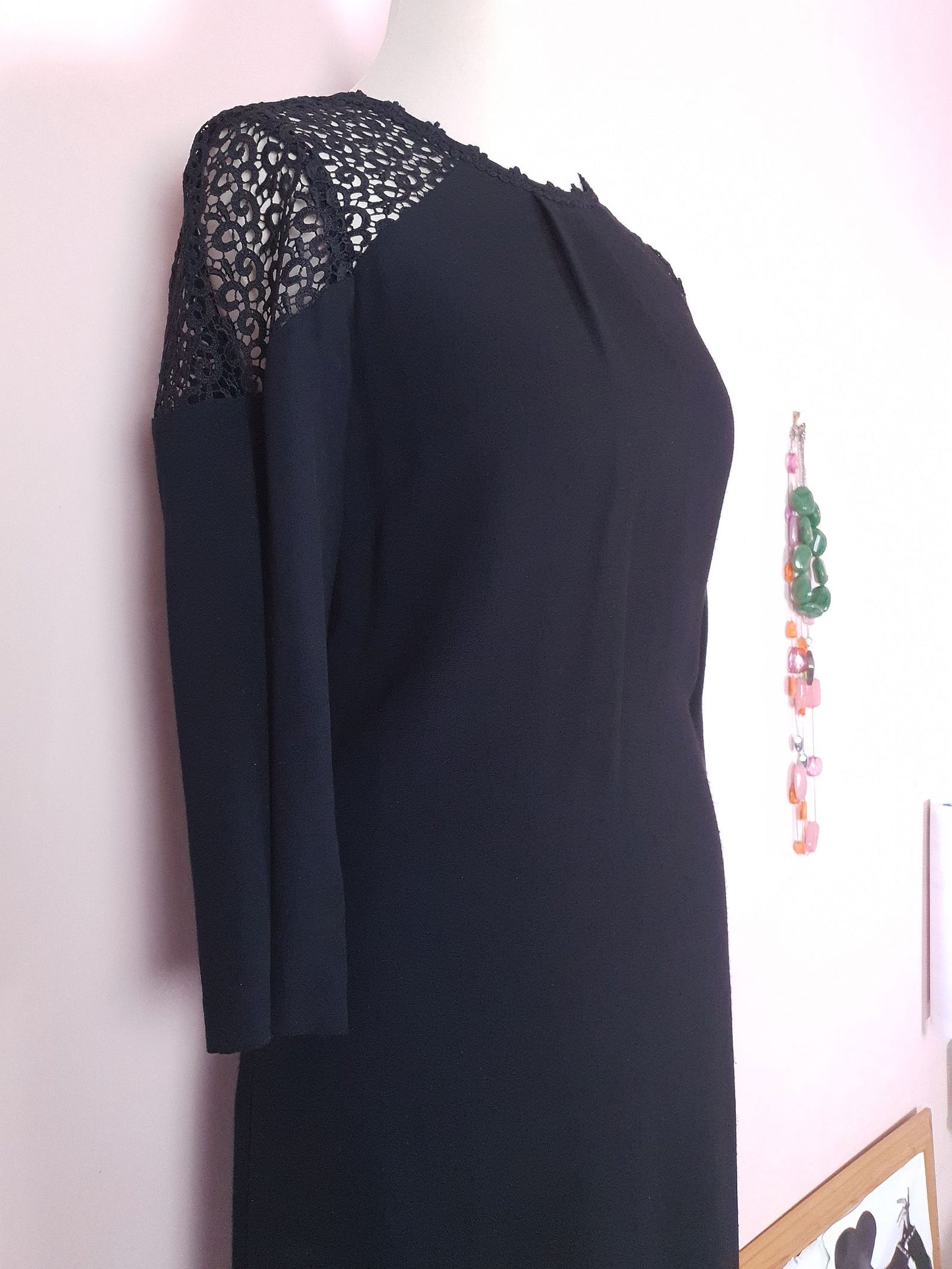 90s Vintage Monsoon Black Lace Dress Midi LBD - Size 8