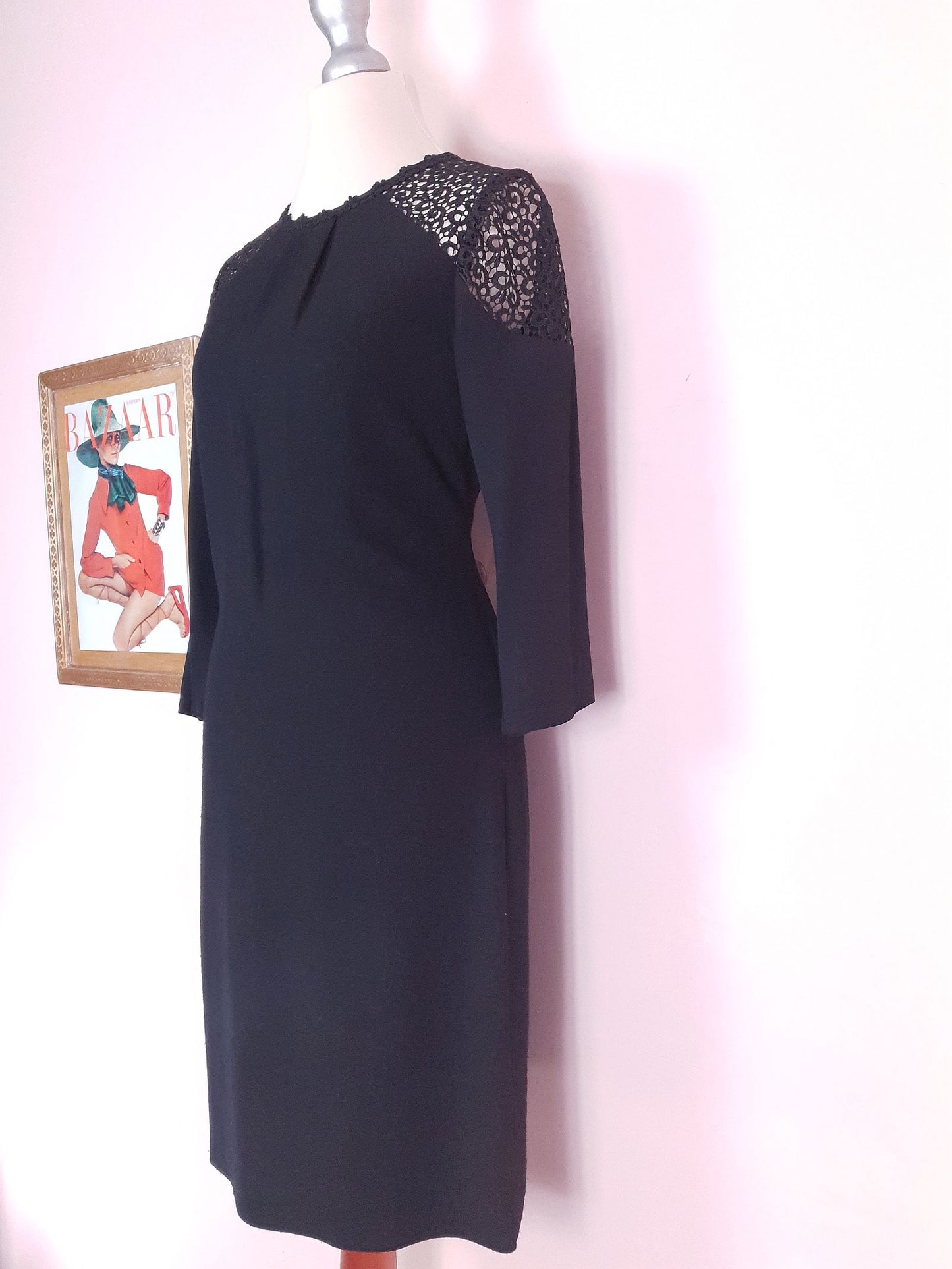 90s Vintage Monsoon Black Lace Dress Midi LBD - Size 8