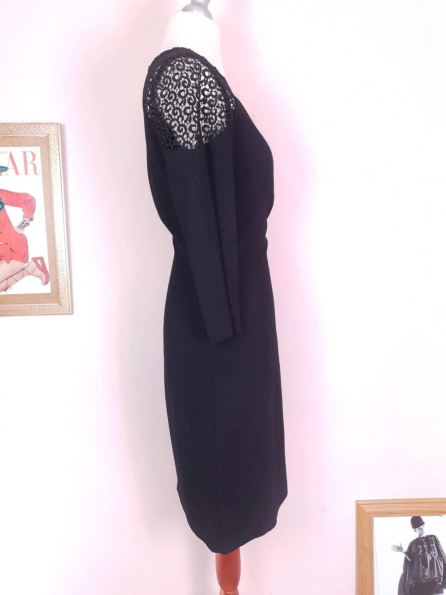 90s Vintage Monsoon Black Lace Dress Midi LBD - Size 8