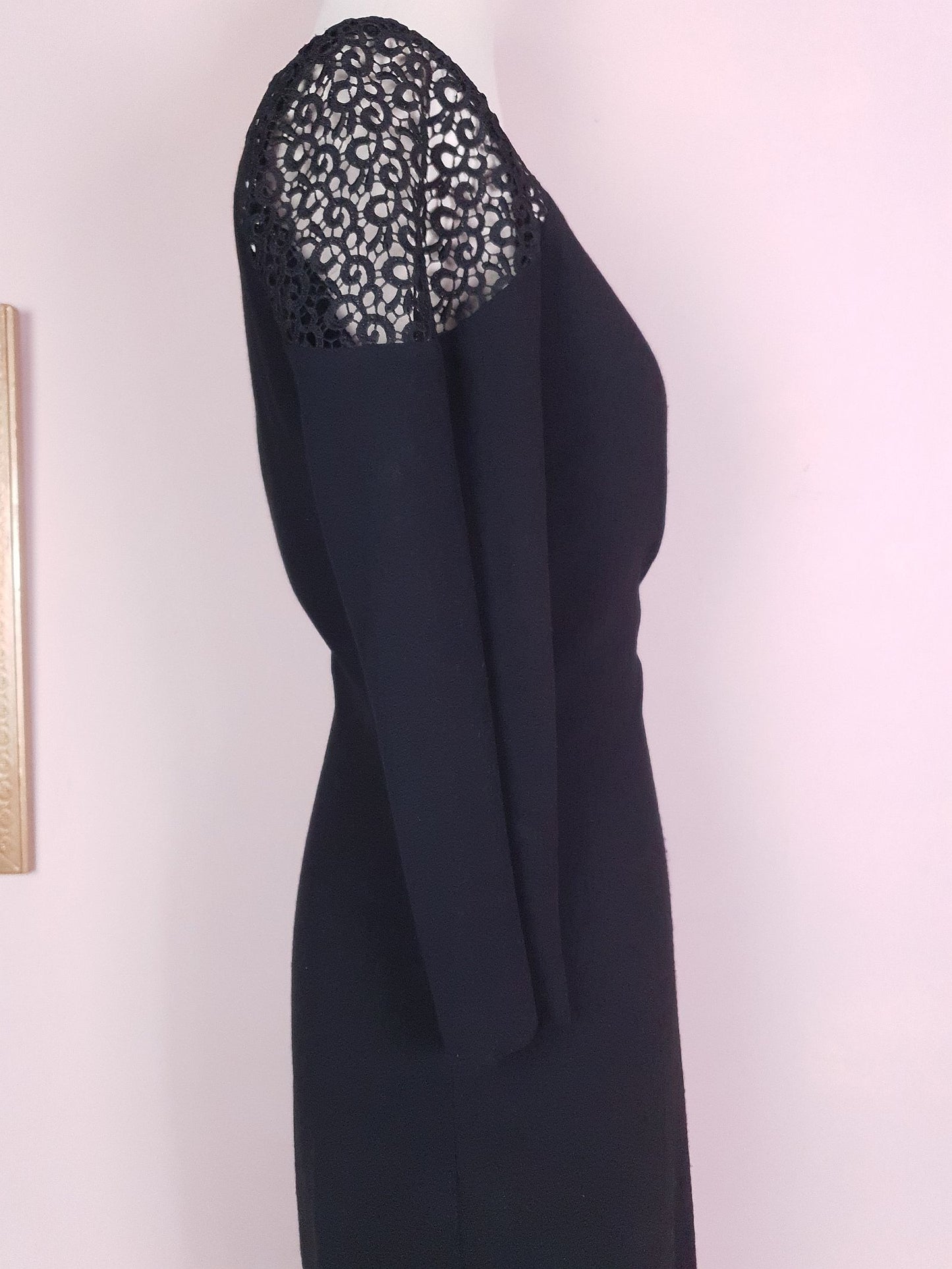 90s Vintage Monsoon Black Lace Dress Midi LBD - Size 8
