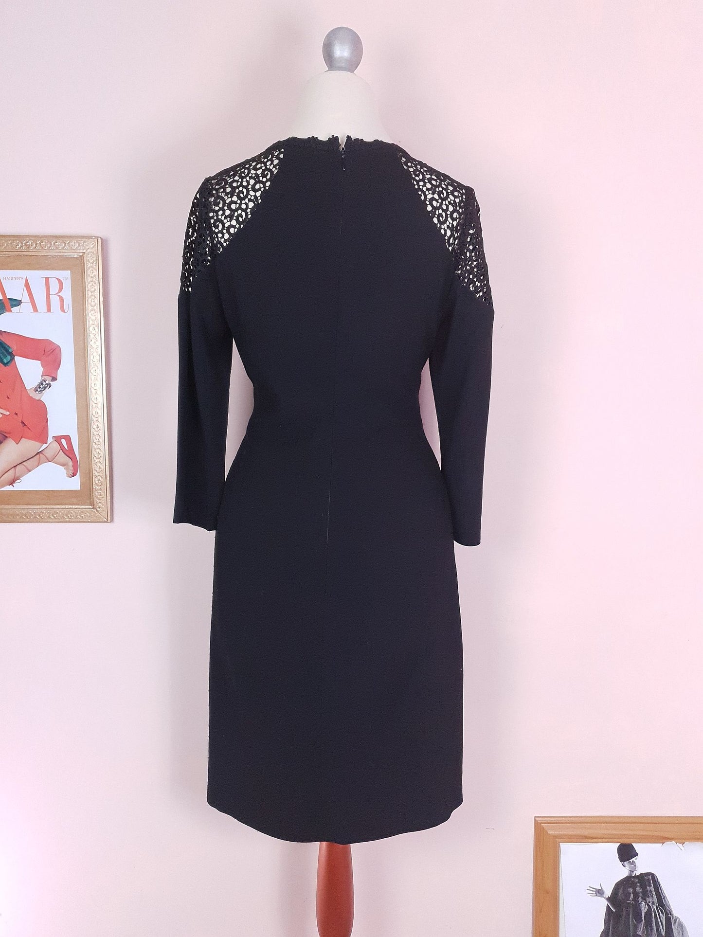 90s Vintage Monsoon Black Lace Dress Midi LBD - Size 8