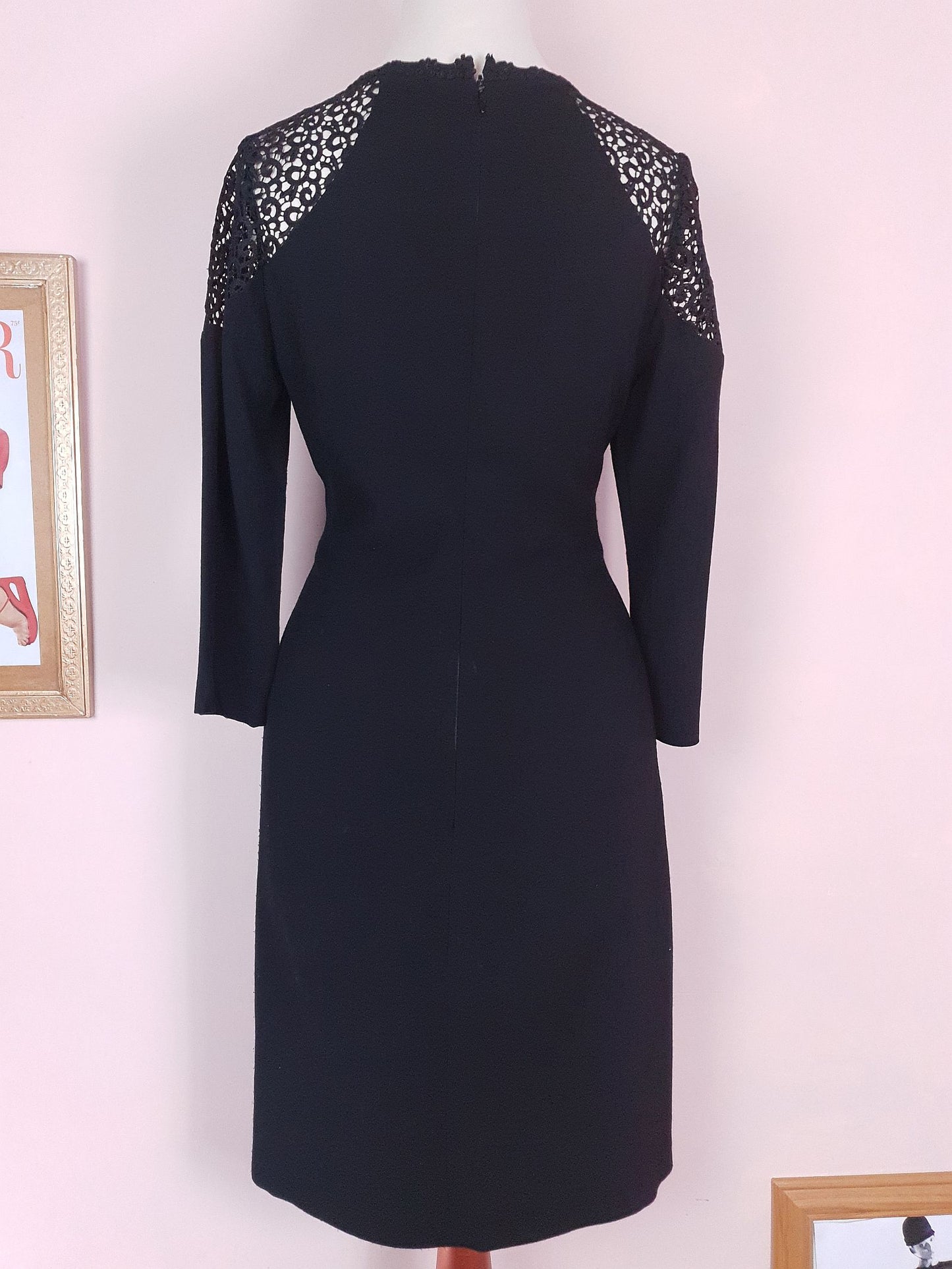 90s Vintage Monsoon Black Lace Dress Midi LBD - Size 8