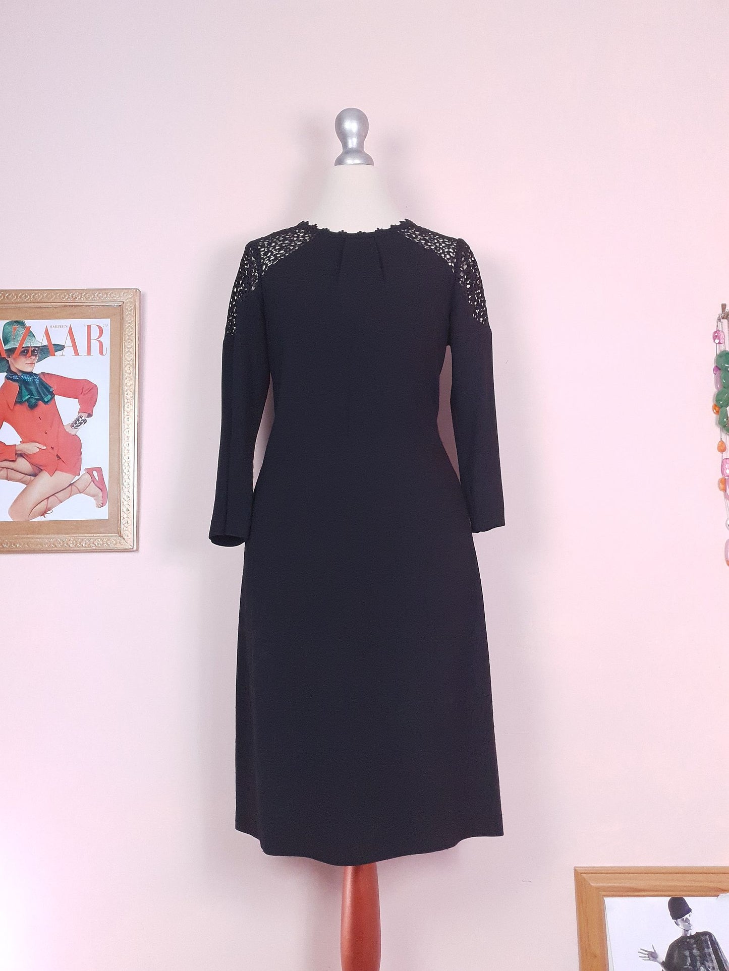 90s Vintage Monsoon Black Lace Dress Midi LBD - Size 8