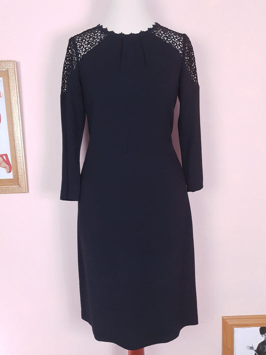 90s Vintage Monsoon Black Lace Dress Midi LBD - Size 8