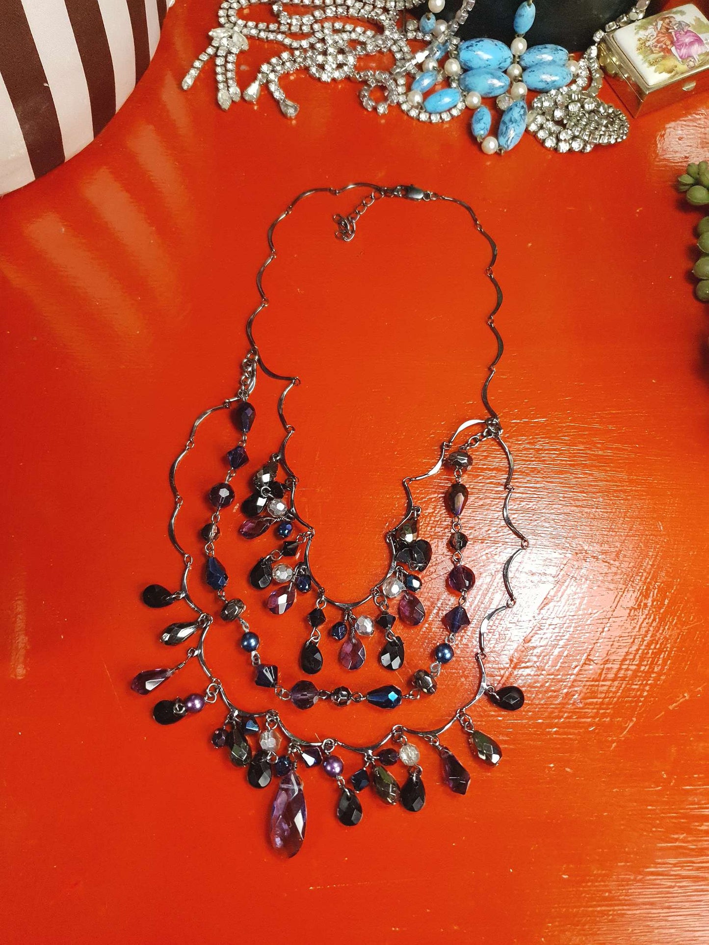 90s Vintage Purple Rhinestone Boho Statement Necklace Gunmetal Grey Bohemian