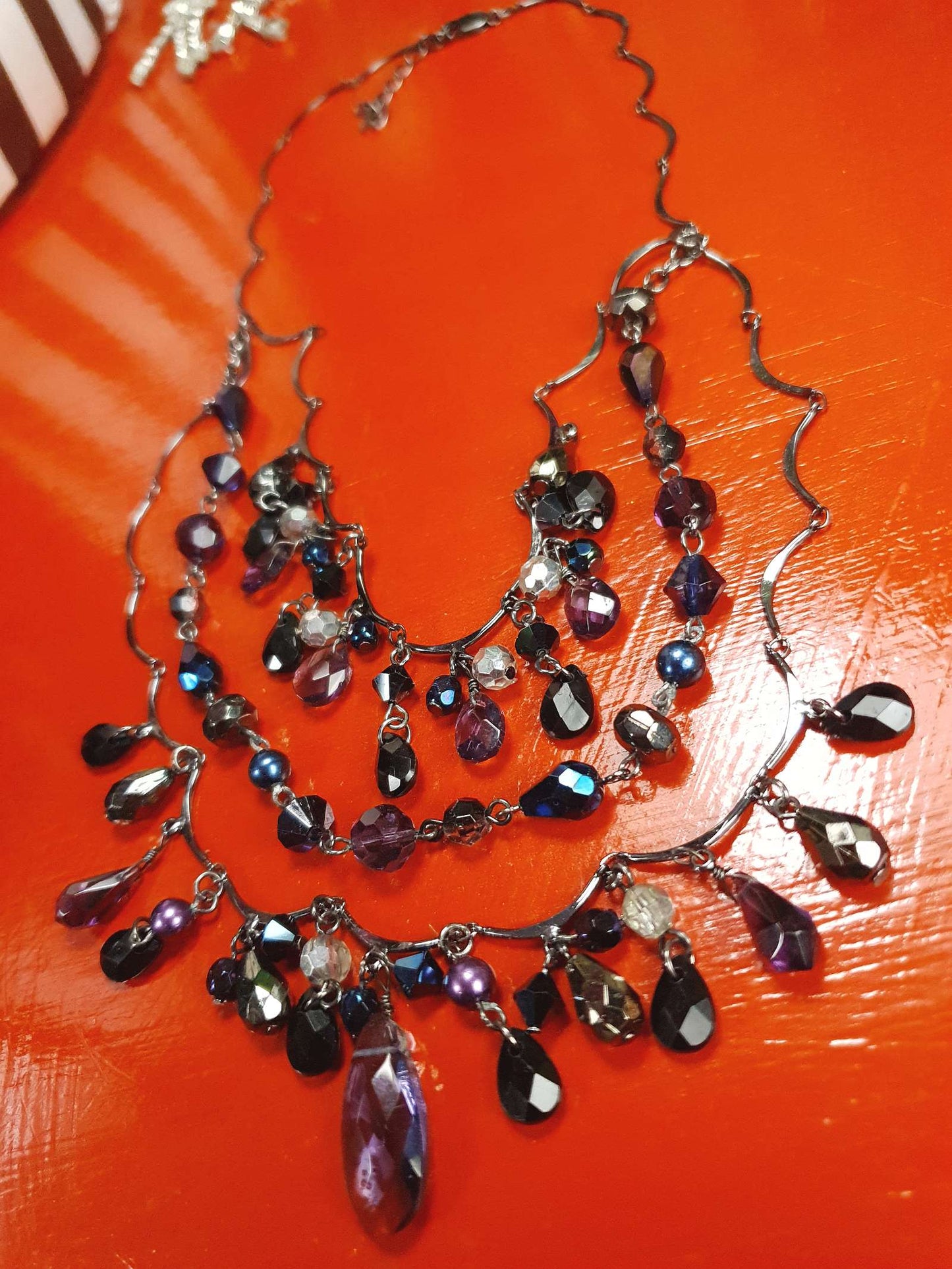 90s Vintage Purple Rhinestone Boho Statement Necklace Gunmetal Grey Bohemian