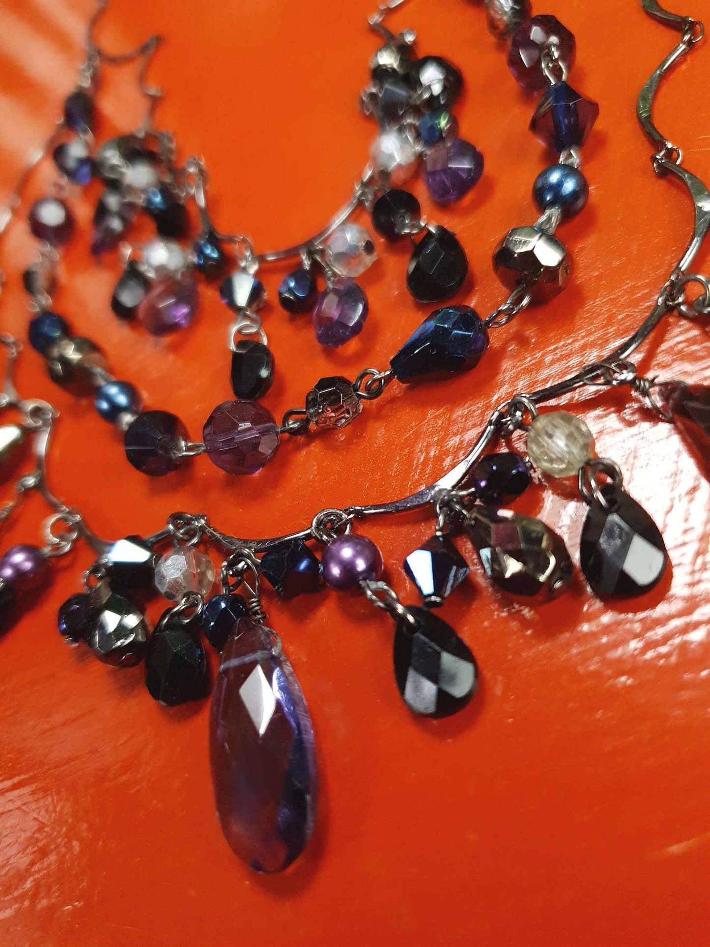 90s Vintage Purple Rhinestone Boho Statement Necklace Gunmetal Grey Bohemian