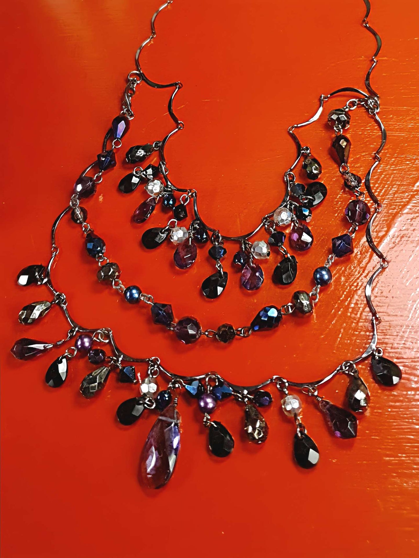 90s Vintage Purple Rhinestone Boho Statement Necklace Gunmetal Grey Bohemian