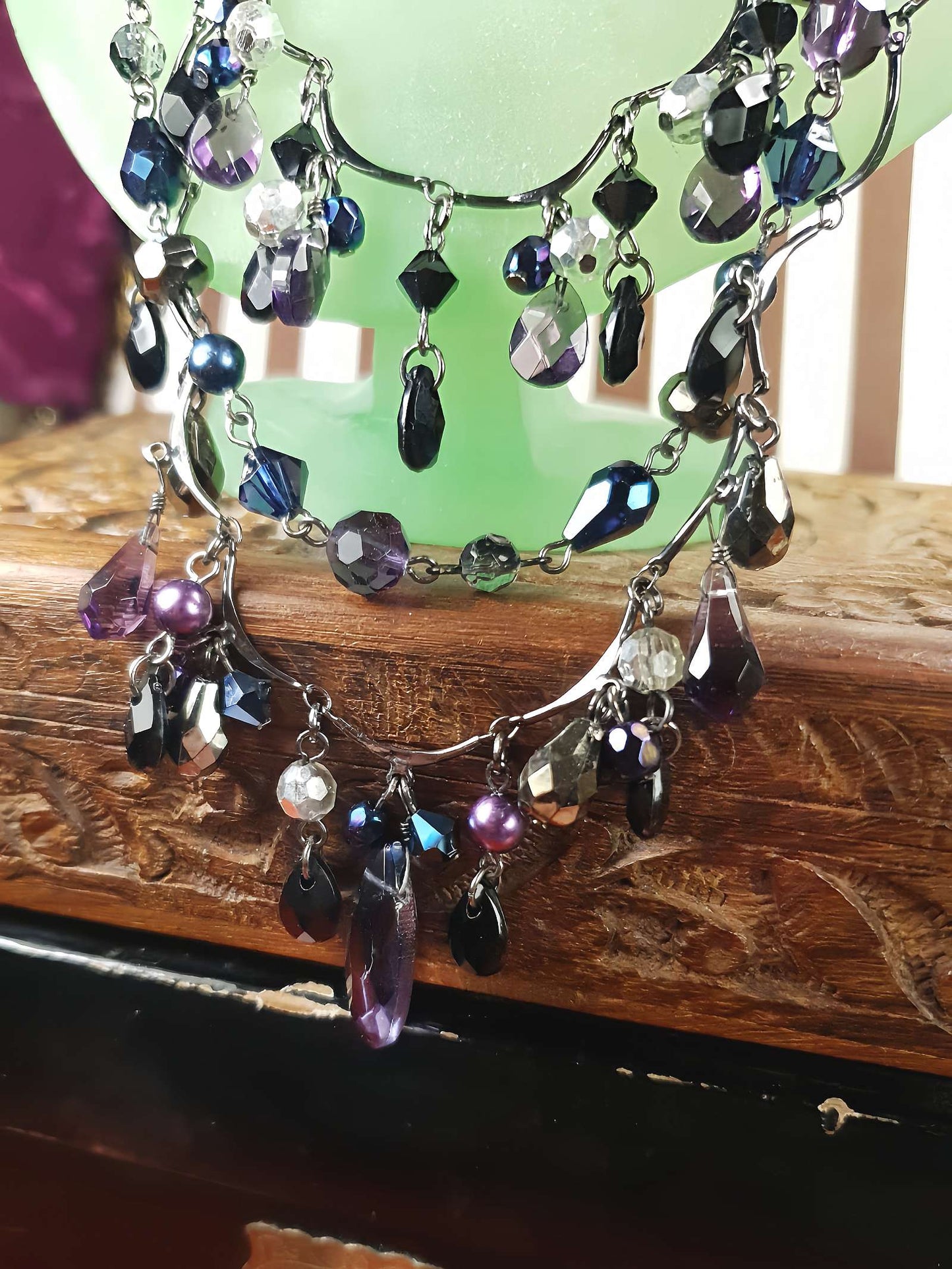 90s Vintage Purple Rhinestone Boho Statement Necklace Gunmetal Grey Bohemian