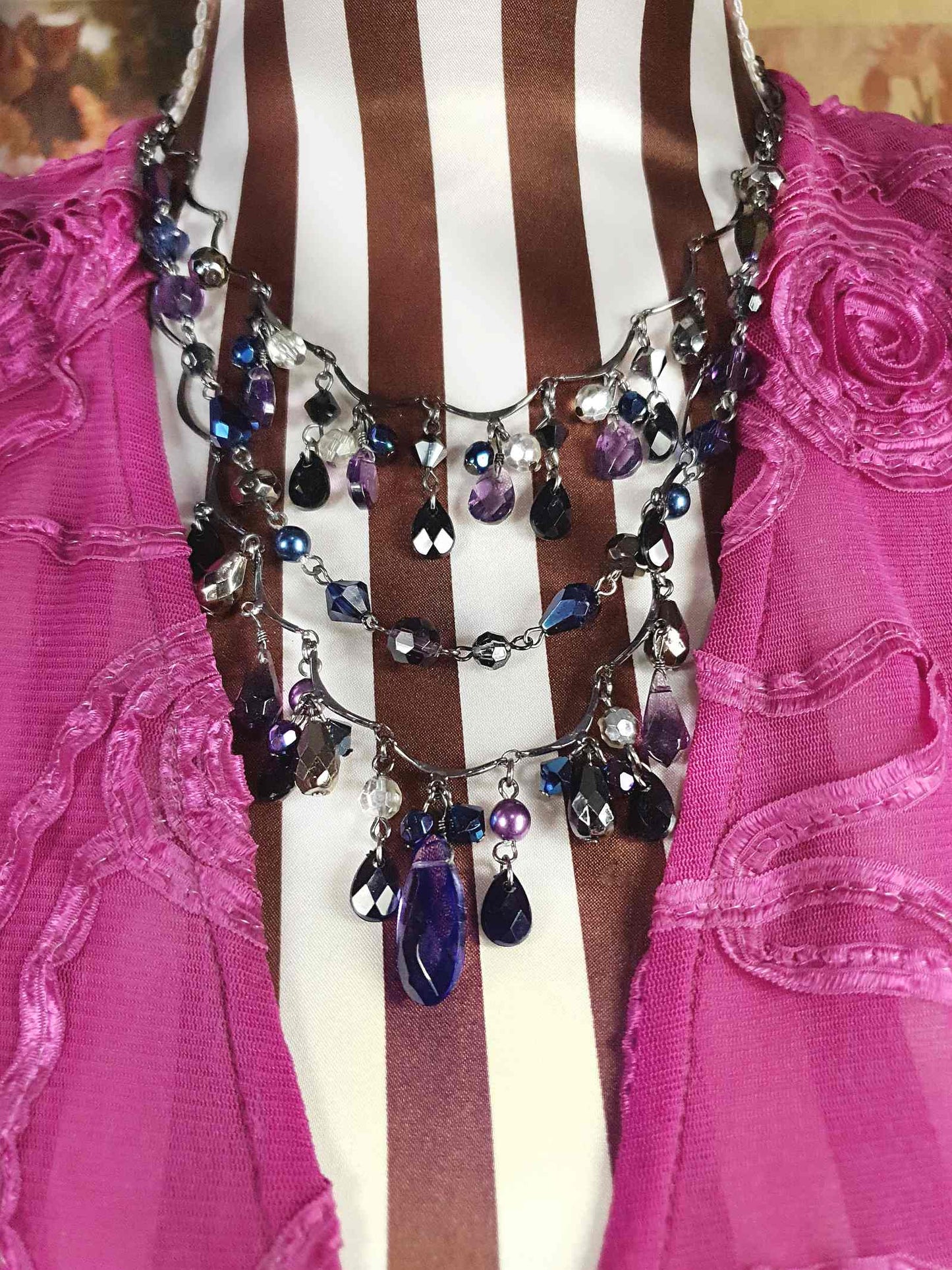 90s Vintage Purple Rhinestone Boho Statement Necklace Gunmetal Grey Bohemian