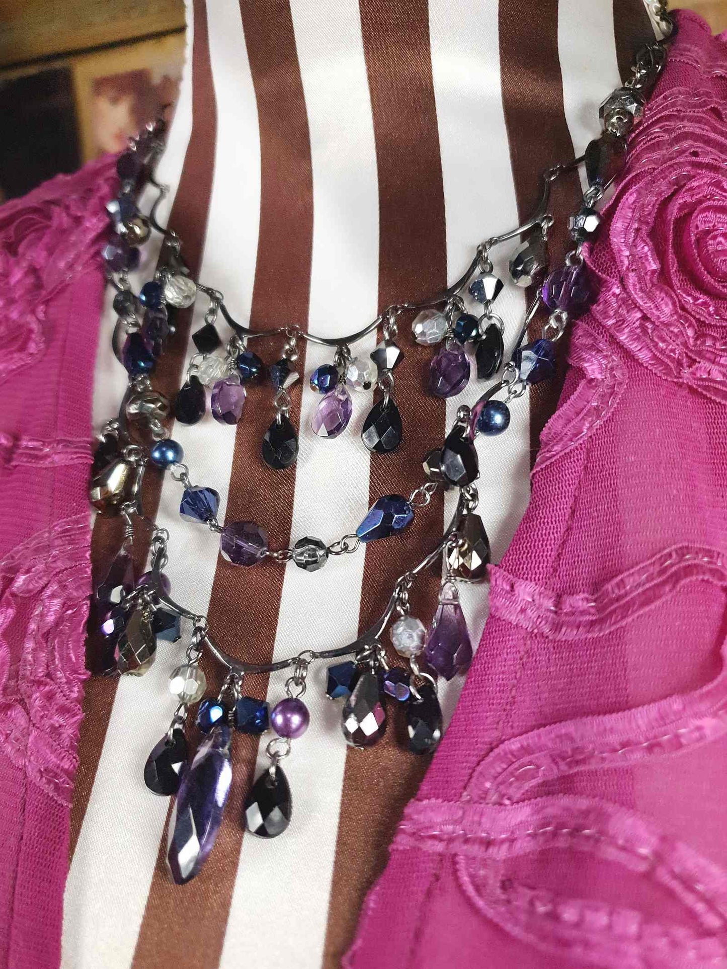 90s Vintage Purple Rhinestone Boho Statement Necklace Gunmetal Grey Bohemian