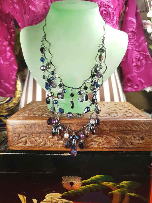 90s Vintage Purple Rhinestone Boho Statement Necklace Gunmetal Grey Bohemian