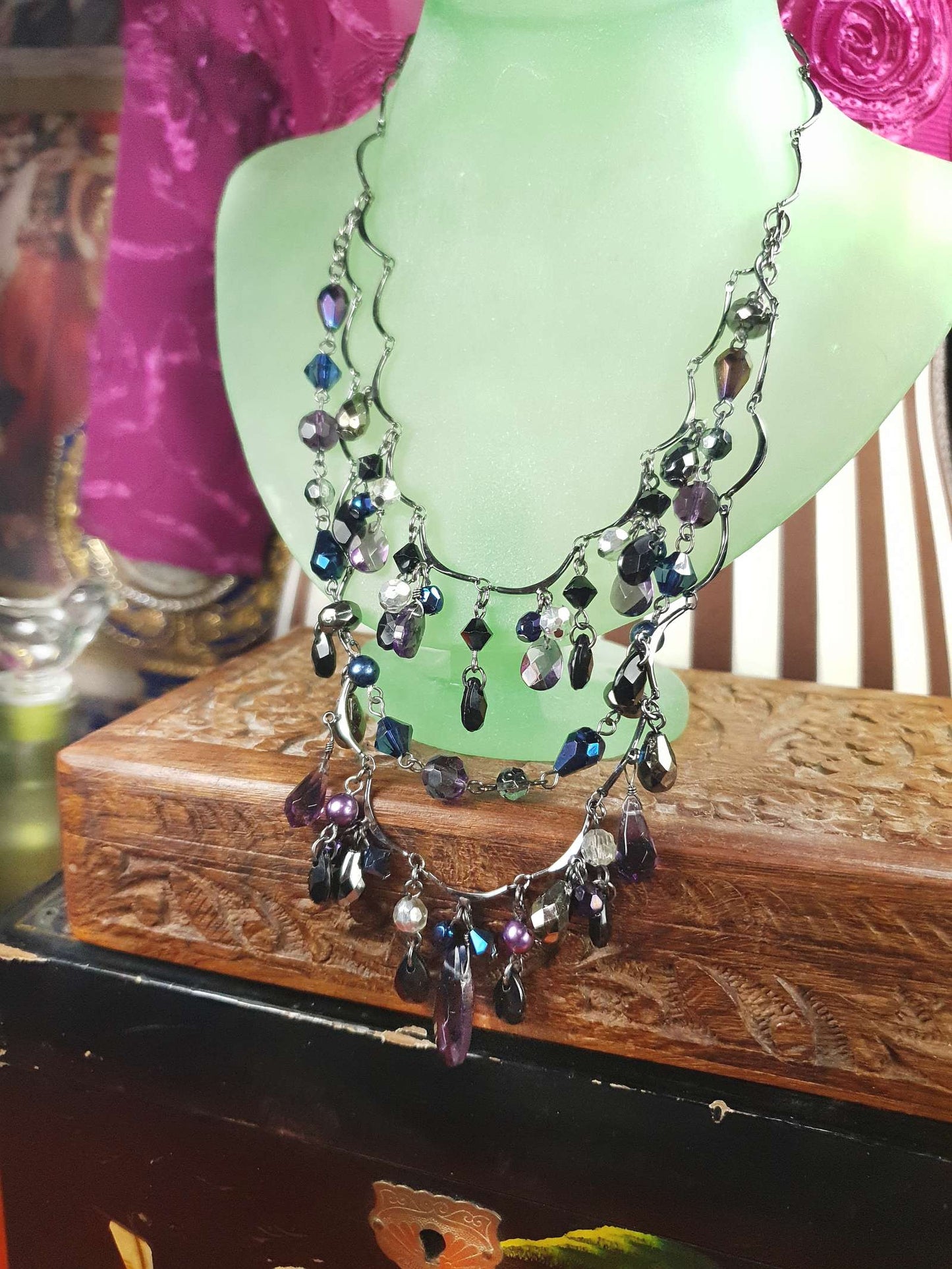 90s Vintage Purple Rhinestone Boho Statement Necklace Gunmetal Grey Bohemian