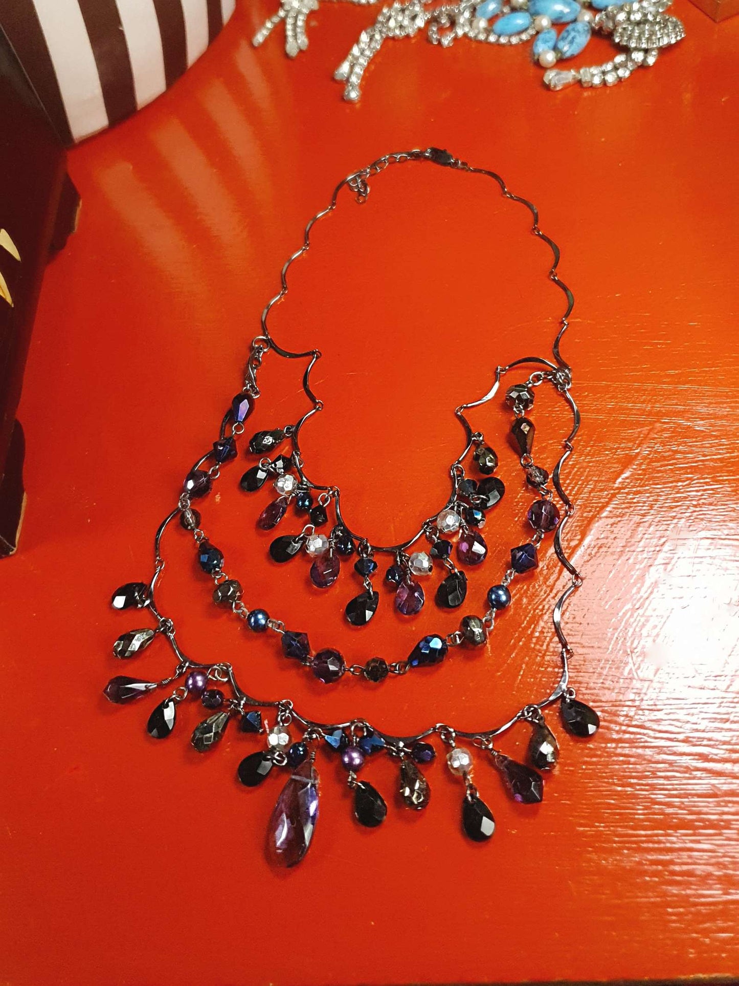 90s Vintage Purple Rhinestone Boho Statement Necklace Gunmetal Grey Bohemian