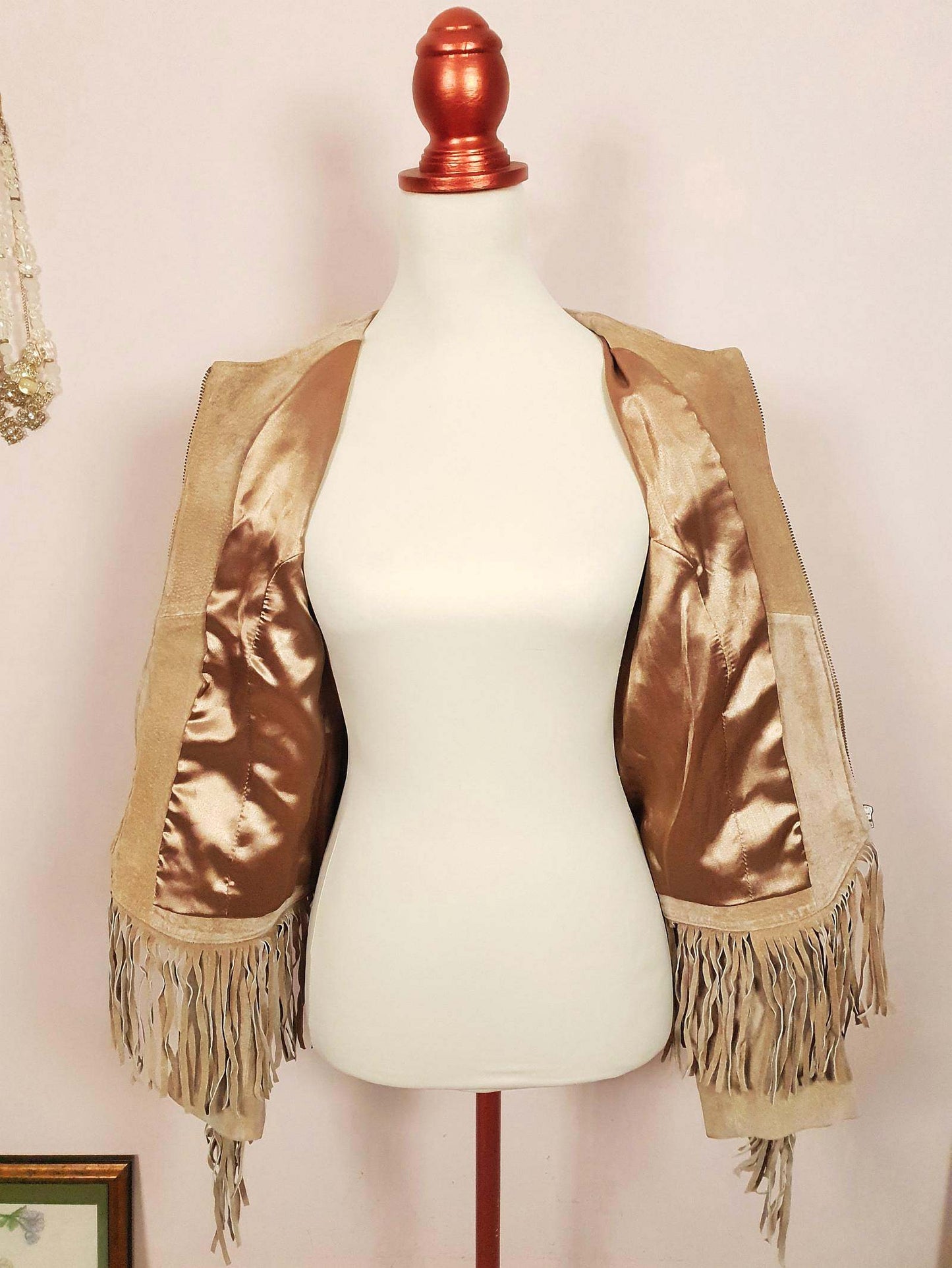 90s Vintage Tan Suede Leather Fringe Jacket Size 14