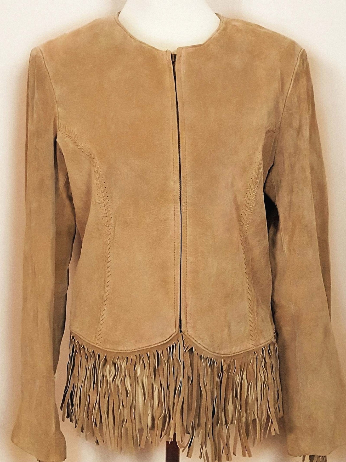 90s Vintage Tan Suede Leather Fringe Jacket Size 14