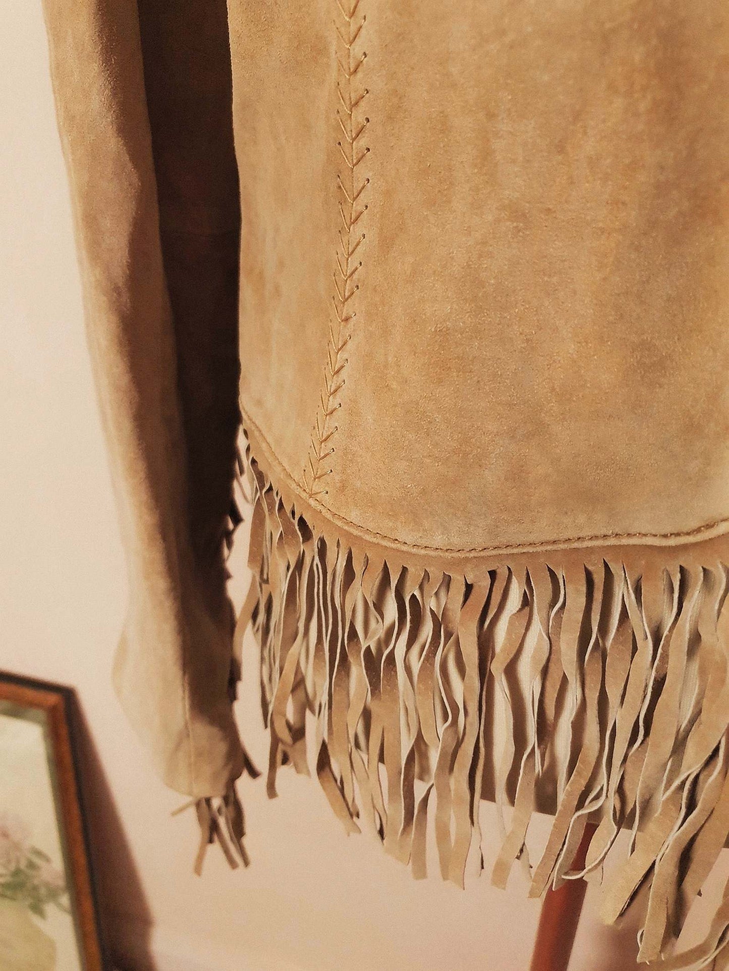 90s Vintage Tan Suede Leather Fringe Jacket Size 14