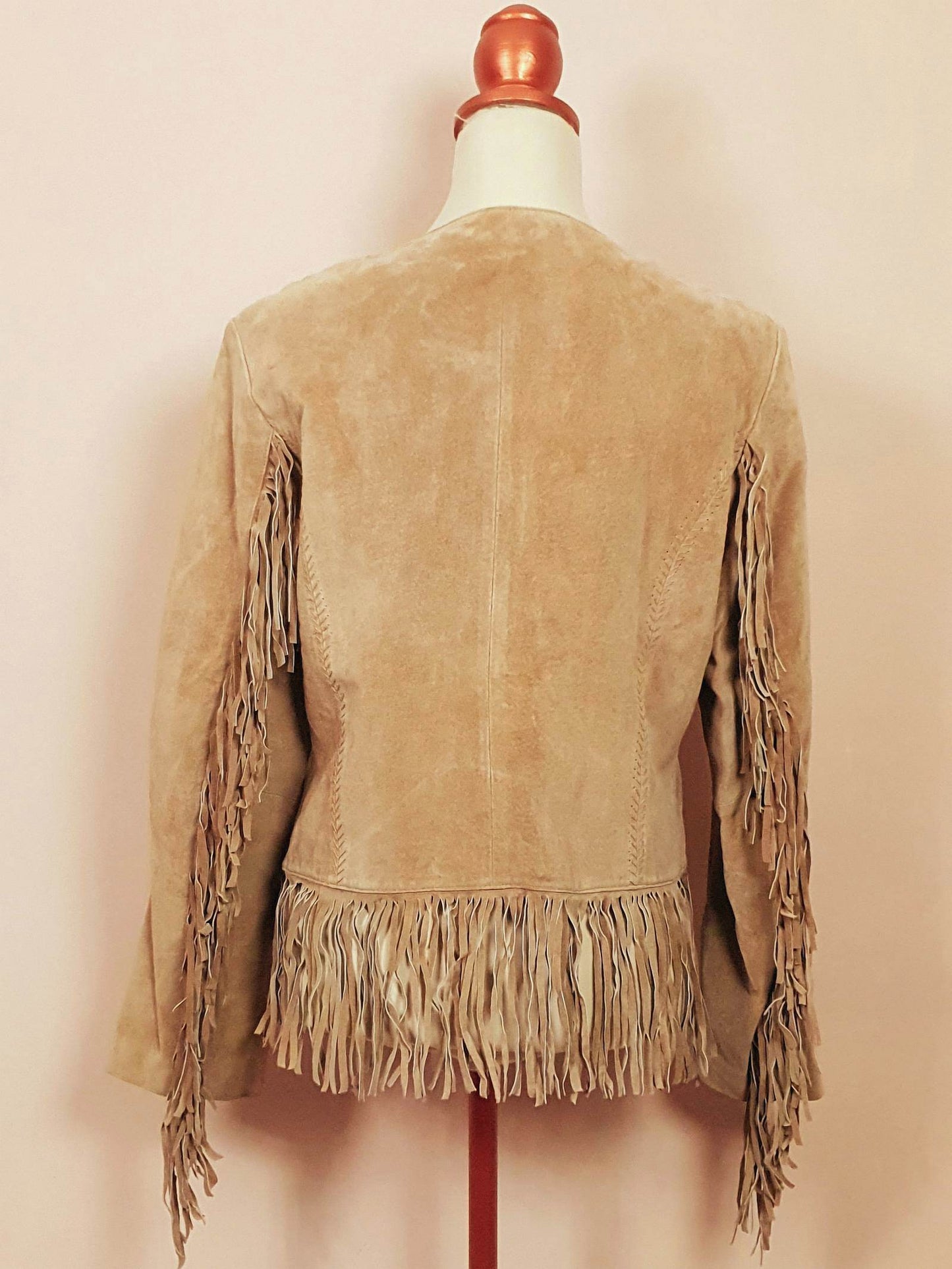 90s Vintage Tan Suede Leather Fringe Jacket Size 14