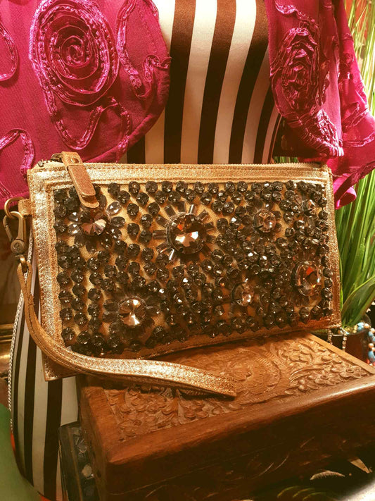 Leather Clutch Bag Boden Gold Rhinestone Evening Party Handbag Purse Pre-Owned