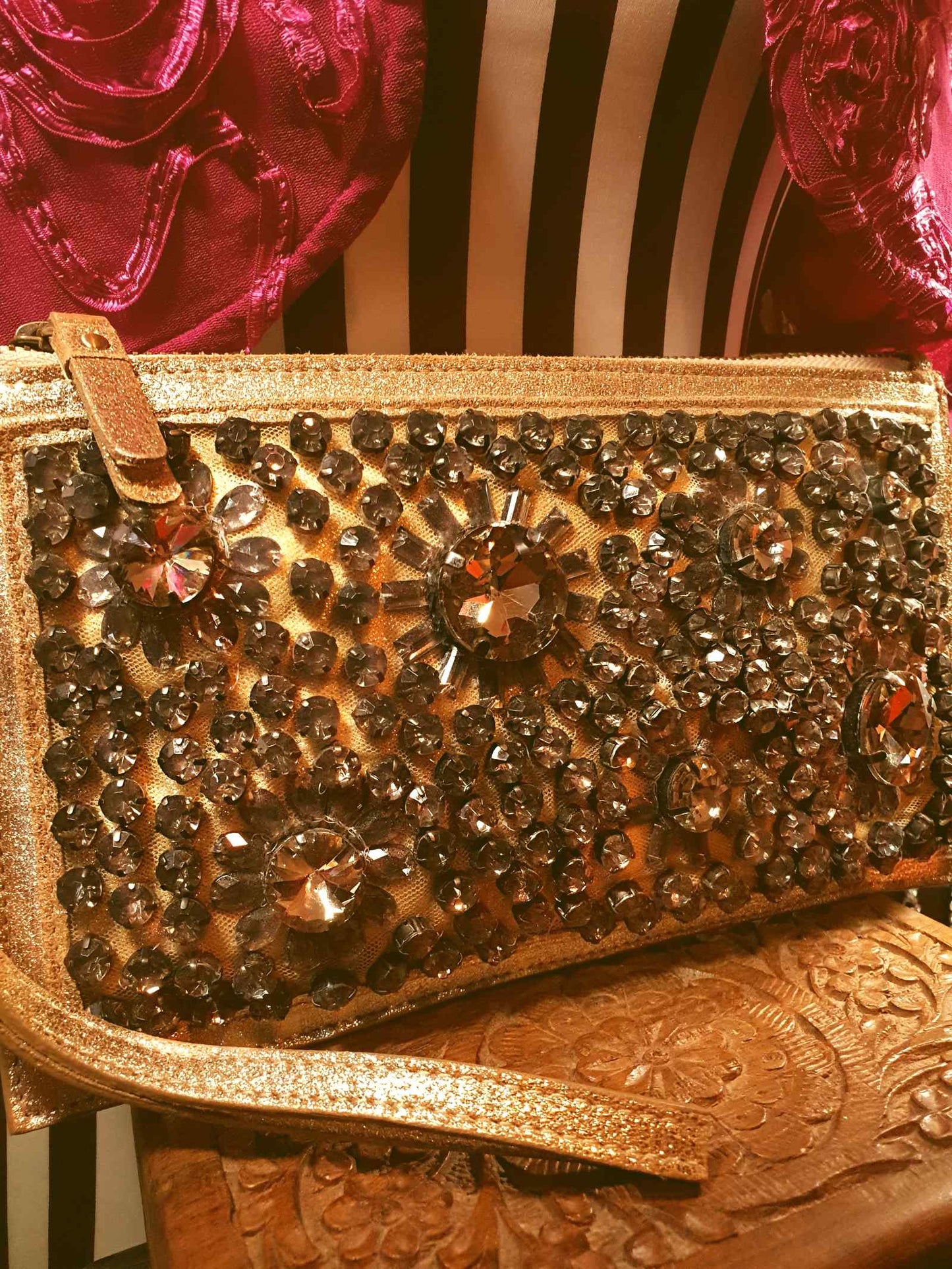 Boden Gold Leather Clutch Bag Rhinestone Evening Party  - Pre-Owned