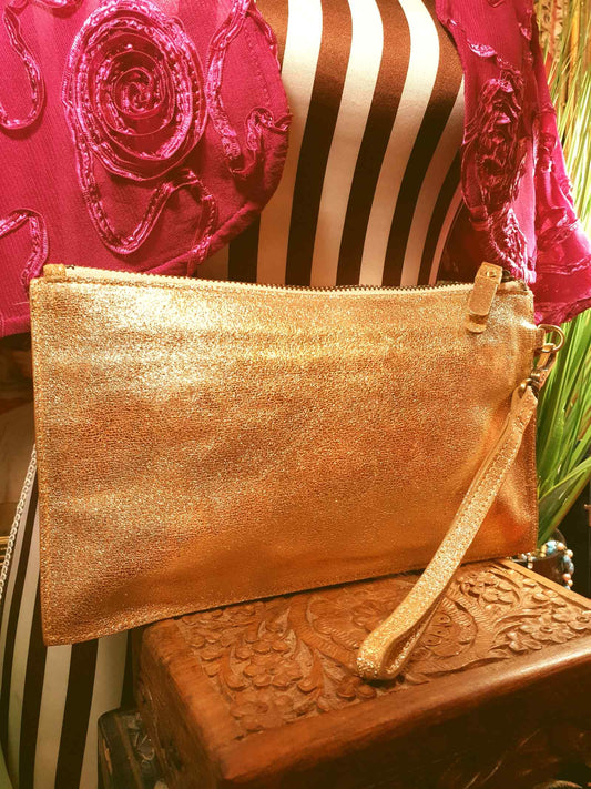 Leather Clutch Bag Boden Gold Rhinestone Evening Party Handbag Purse Pre-Owned