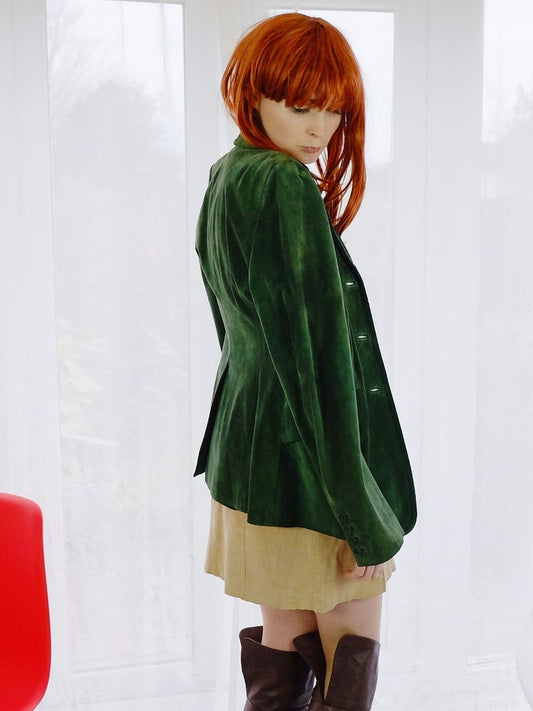 Vintage Donna Karan DKNY Dark Green Suede Leather Jacket - Size 12