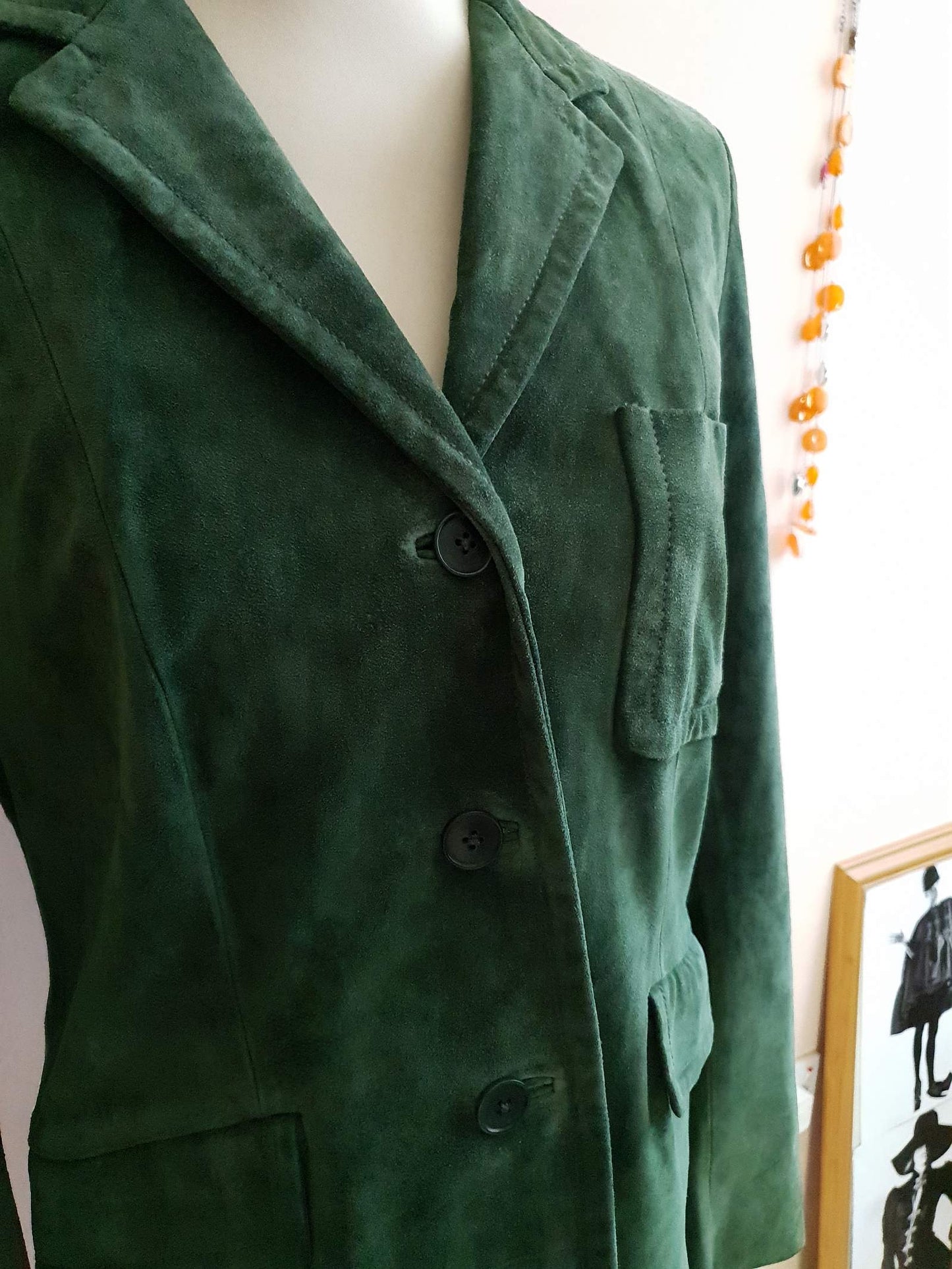 Vintage Donna Karan DKNY Dark Green Suede Leather Jacket - Size 12
