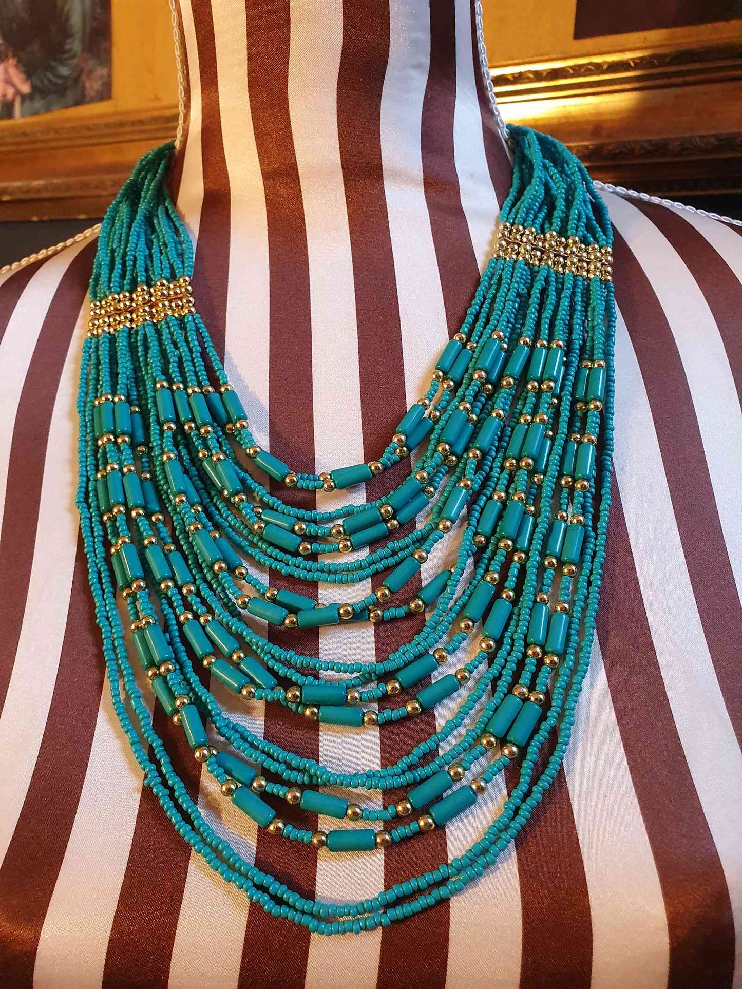 Vintage Statement African Festoon Necklace  Multi Tier Strands Turquoise Blue