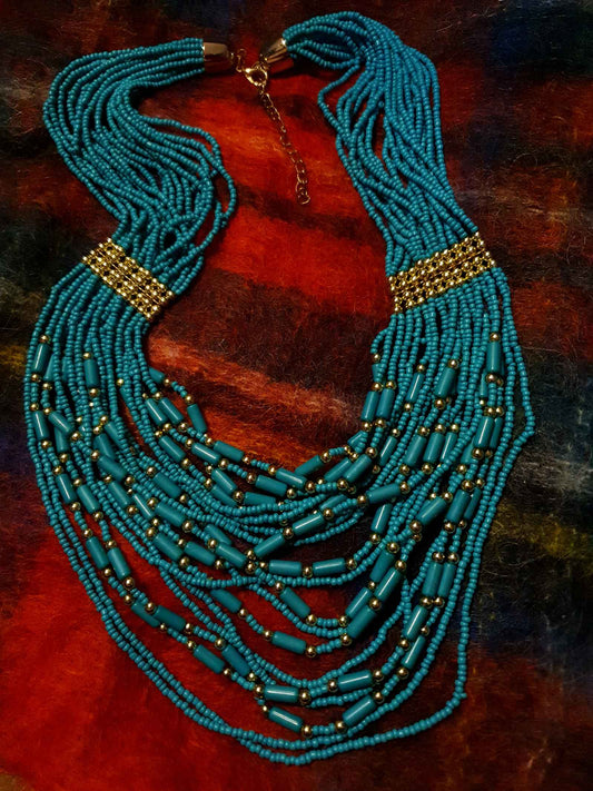 Vintage Statement African Festoon Necklace Multi Tier Strands Turquoise Blue