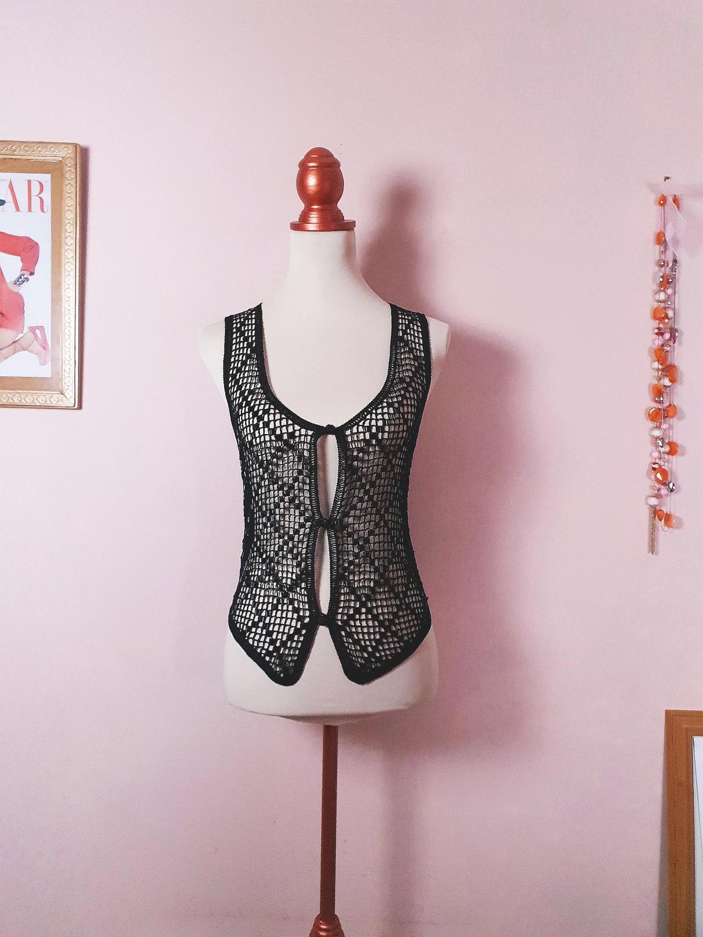 Vintage Black Crochet Beaded Waistcoat Vest Satin Ladies 1980s - Size 14