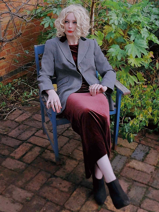 Stylish Pre-Loved 1990s Grey Wool & Velvet Nicole Farhi Jacket Blazer - Size 12/14