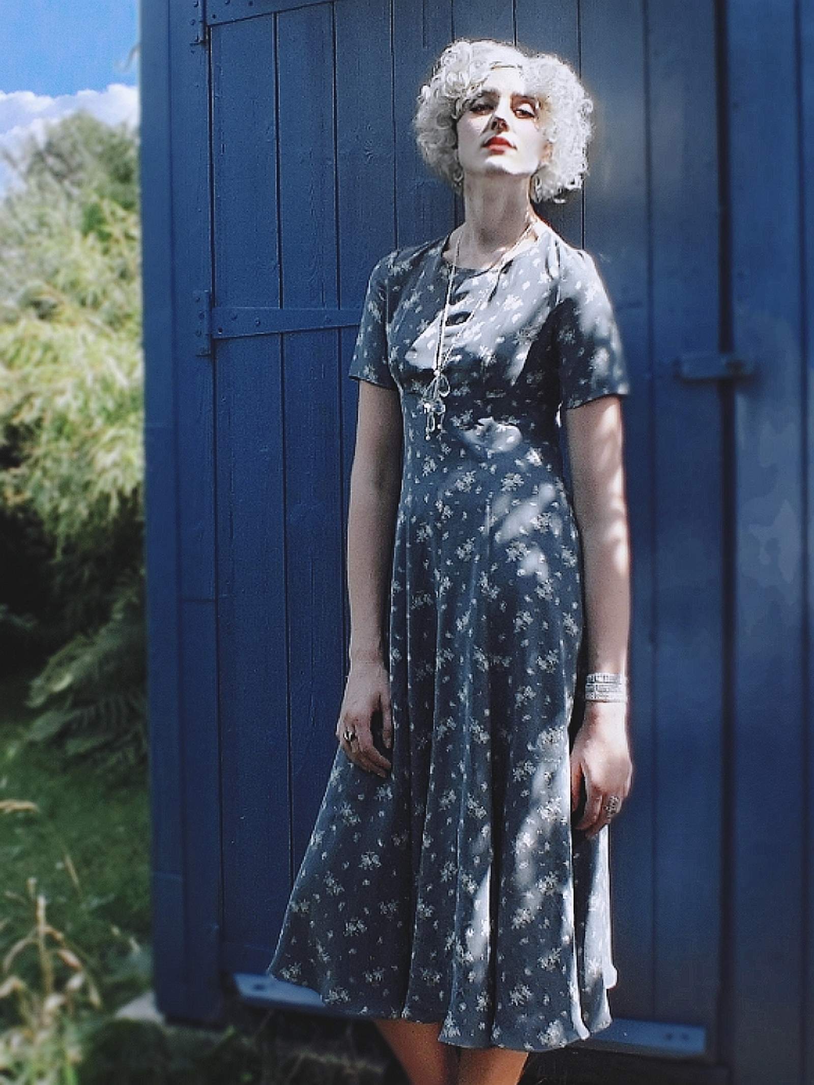 Vintage 90s Laura Ashley Blue Silk Floral Tea Dress English Classics Size 10