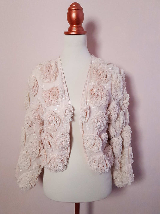 Vintage 1960s Pale Pink Rose & Sequin Chiffon Jacket - Size 10/12