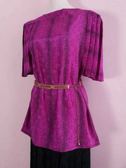 Vintage 1980s Cerise Pink and Black Pleated Dress - Size 16/18