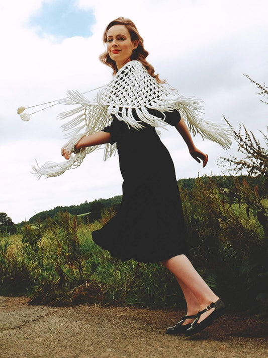 Pre Loved Cream Crochet Boho Knit Poncho