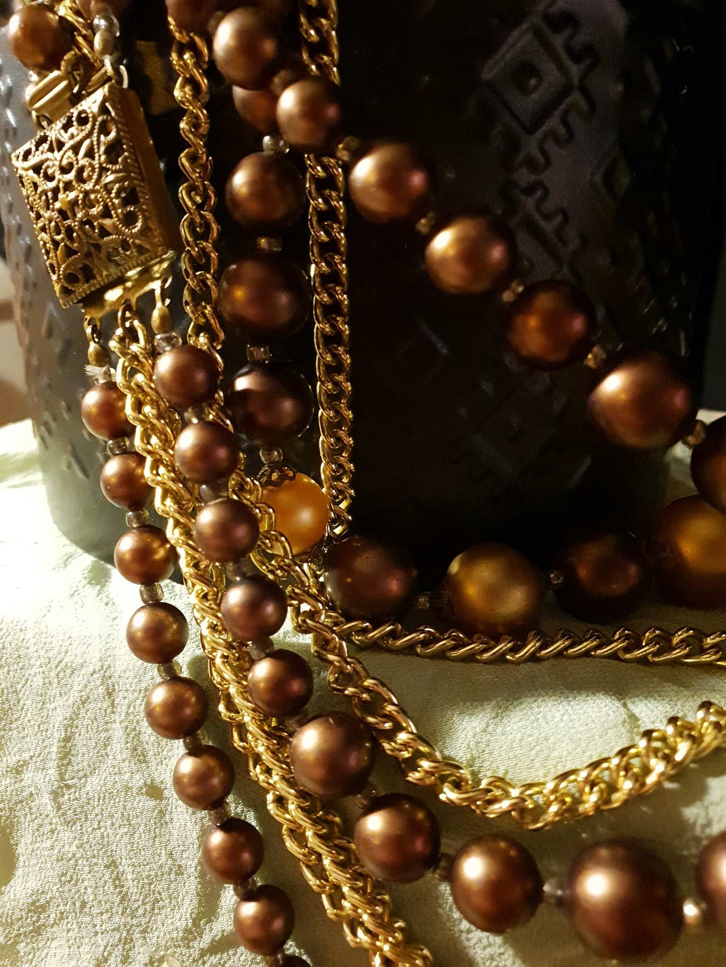 Beautiful 1950s Vintage Gold/Choc Brown Faux Pearl Multi Tier Necklace