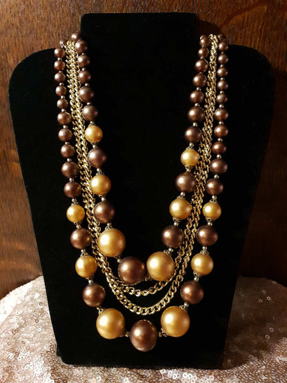 Beautiful 1950s Vintage Gold/Choc Brown Faux Pearl Multi Tier Necklace
