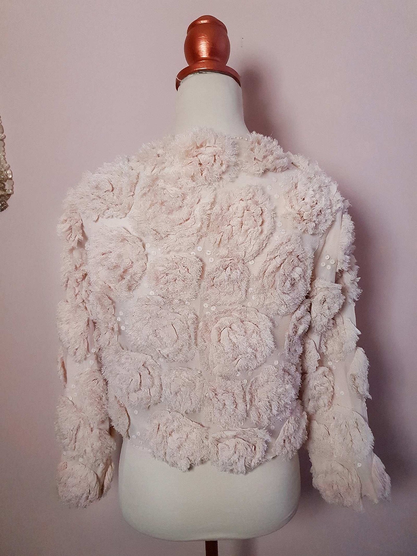 Vintage 1960s Pale Pink Rose & Sequin Chiffon Jacket - Size 10/12
