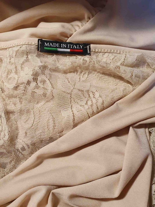 Chic Vintage 1980s Taupe Ruche Lace Bow Party Dress - Size 10